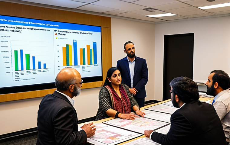 **
A diverse group of people (city planners, residents, business owners) gathered around a table reviewing a large, transparent city budget plan projected onto a screen. The screen highlights key funding sources (government grants, private investments, PPP). The scene conveys collaboration, transparency, and strategic resource allocation. Include Urdu text snippets related to "financial resources" and "project priorities" in the background.
**