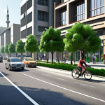**

A futuristic city street scene. Self-driving cars navigate smoothly amongst pedestrians and cyclists. Buildings are modern and eco-friendly with green spaces integrated. Focus on the efficient use of space and the absence of traditional parking lots. The overall impression is a clean, organized, and vibrant urban environment. Consider adding elements that reflect Pakistani or Urdu culture subtly within the scene.

**