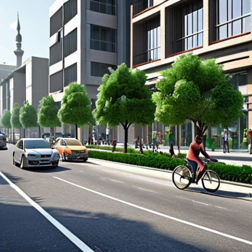 Home 6 **
A futuristic city street scene. Self-driving cars navigate smoothly amongst pedestrians and cyclists. Buildings are modern and eco-friendly with green spaces integrated. Focus on the efficient use of space and the absence of traditional parking lots. The overall impression is a clean, organized, and vibrant urban environment. Consider adding elements that reflect Pakistani or Urdu culture subtly within the scene.
**