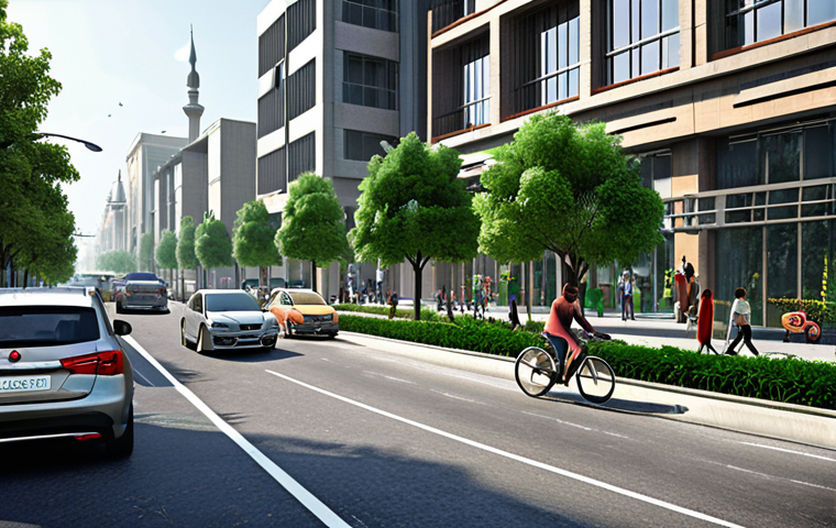 **
A futuristic city street scene. Self-driving cars navigate smoothly amongst pedestrians and cyclists. Buildings are modern and eco-friendly with green spaces integrated. Focus on the efficient use of space and the absence of traditional parking lots. The overall impression is a clean, organized, and vibrant urban environment. Consider adding elements that reflect Pakistani or Urdu culture subtly within the scene.
**