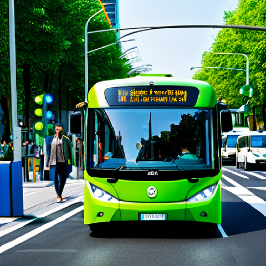 Smart City Transportation**

A bustling cityscape with modern electric buses and self-driving cars moving efficiently.  Smart traffic lights are visible, controlling the flow. Pedestrians are using mobile apps on their phones to navigate. Lush green spaces are integrated into the urban design.  Fully clothed people in appropriate attire. Safe for work.  Perfect anatomy, correct proportions, professional, modest, family-friendly, high-quality rendering.

**