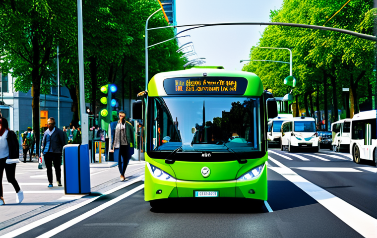 Smart City Transportation**

A bustling cityscape with modern electric buses and self-driving cars moving efficiently.  Smart traffic lights are visible, controlling the flow. Pedestrians are using mobile apps on their phones to navigate. Lush green spaces are integrated into the urban design.  Fully clothed people in appropriate attire. Safe for work.  Perfect anatomy, correct proportions, professional, modest, family-friendly, high-quality rendering.

**