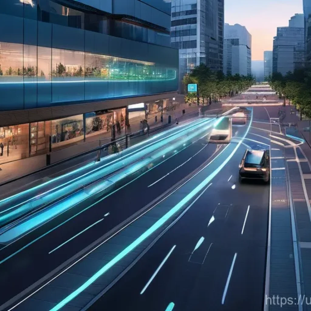 스마트시티 디자인과 데이터 분석 기법 - **Prompt:** A bustling, futuristic smart city intersection at dusk, viewed from a slightly elevated ...