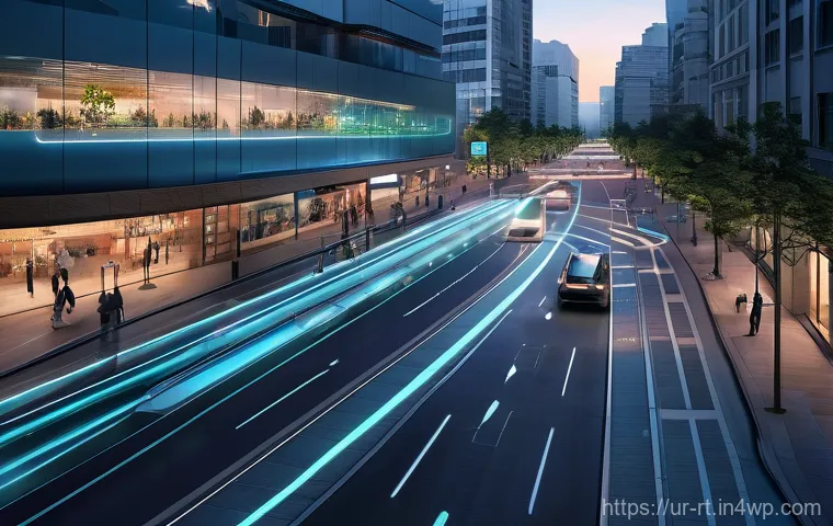 스마트시티 디자인과 데이터 분석 기법 - **Prompt:** A bustling, futuristic smart city intersection at dusk, viewed from a slightly elevated ...