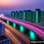 스마트시티 디자인에서의 디지털 인프라 구축 - A futuristic smart cityscape at dusk in Pakistan featuring advanced digital infrastructure: glowing ...