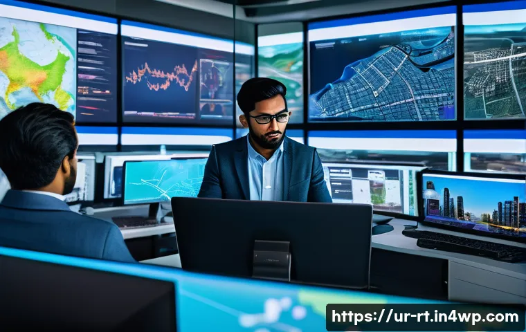 스마트시티 디자인에서의 협업 플랫폼 - A modern smart city control room scene showing diverse urban planners and engineers of South Asian d...