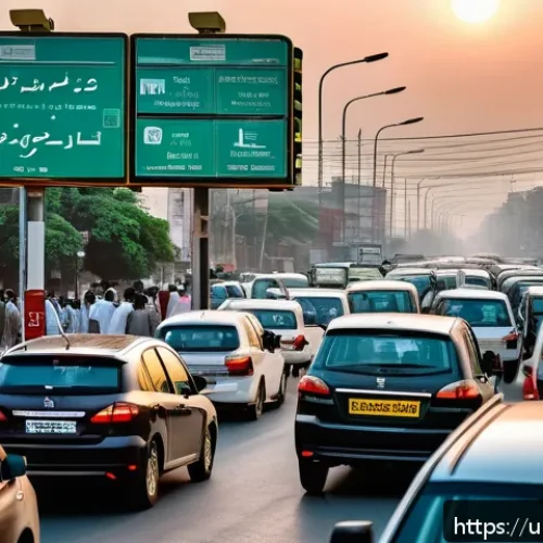 Home 32 스마트시티 디자인에서 IoT의 역할 - A bustling urban street scene in Karachi during rush hour, featuring smart traffic lights equipped w...