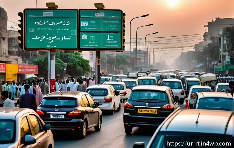 스마트시티 디자인에서 IoT의 역할 - A bustling urban street scene in Karachi during rush hour, featuring smart traffic lights equipped w...