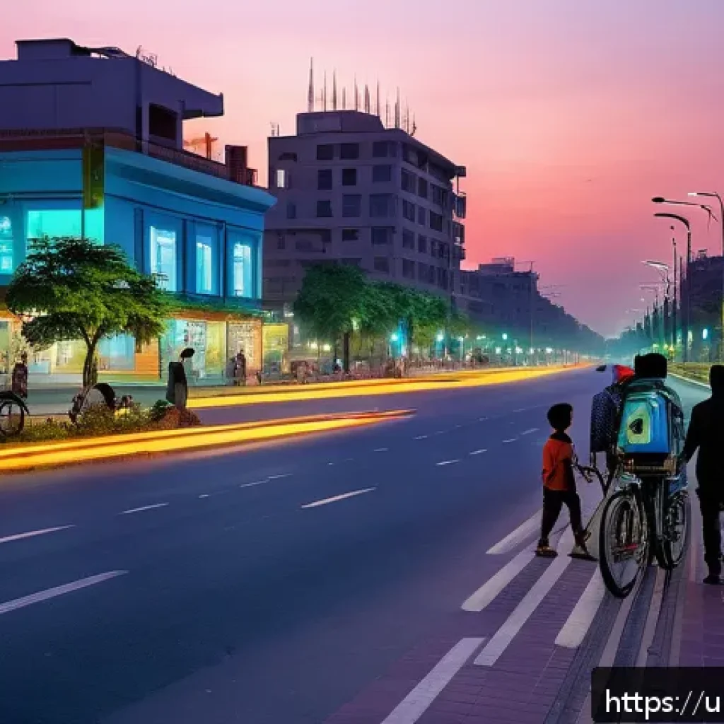 스마트시티 디자인과 시민의 삶의 질 향상 - A vibrant urban scene in a modern smart city in Pakistan during early evening, featuring solar-power...