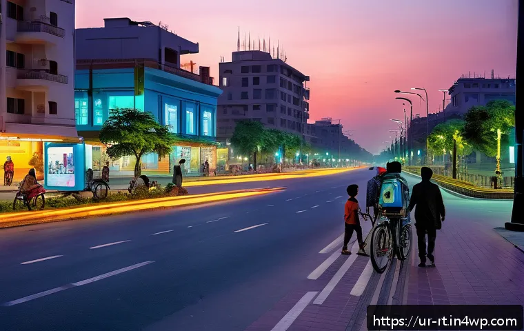 스마트시티 디자인과 시민의 삶의 질 향상 - A vibrant urban scene in a modern smart city in Pakistan during early evening, featuring solar-power...